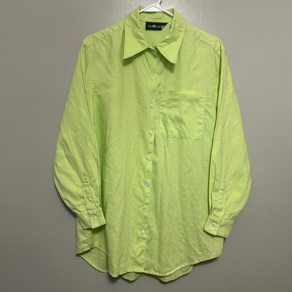 Sag Harbor Linen Shirt Mens S Lime Green Long Sleeve Button Up Pocket Coastal